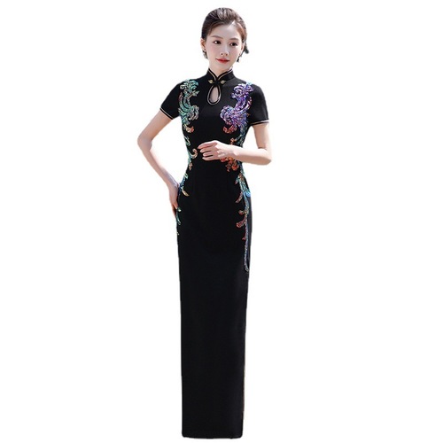 BLack red chinese dresses Runway cheongsam thickening high elastic long high split qipao for for lady elegant cheongsam Chinese practices