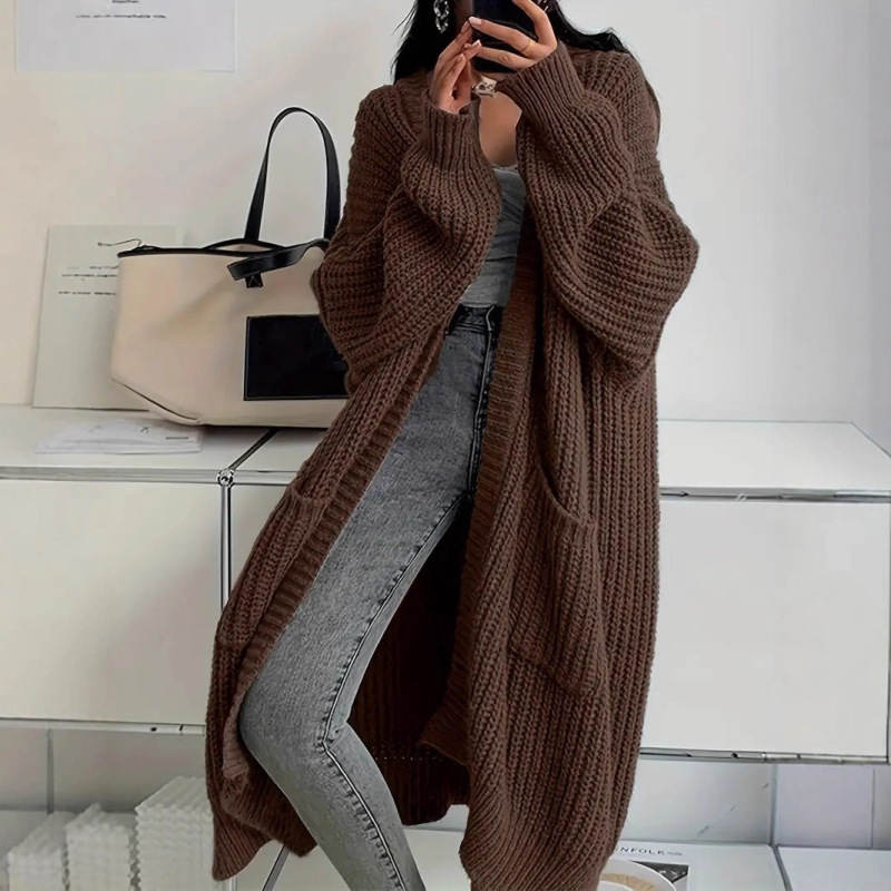 In-Stock New Autumn and Winter Lazy Style Long Sweater Coat for Women, Loose Versatile Base Long-Sleeve Knit Cardigan