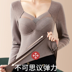 3901加絨加厚帶胸墊保暖上衣V領內衣免文胸秋冬無痕保暖打底衫女