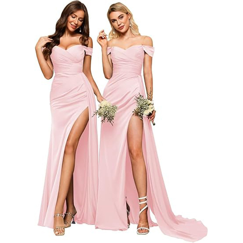 Cross-border wedding bridesmaid dress Amazon off-shoulder ruched long slit satin formal ball host dress Cross-border wedding bridesmaid dress Amazon off-shoulder ruched long slit satin formal ball host dress