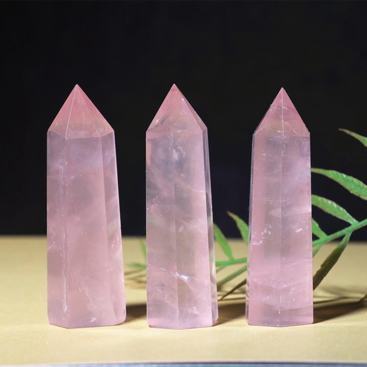 Pink crystal hexagonal prism powder crystal single pointed hexagonal prism powder crystal column powder crystal raw stone polished prism factory straight hair