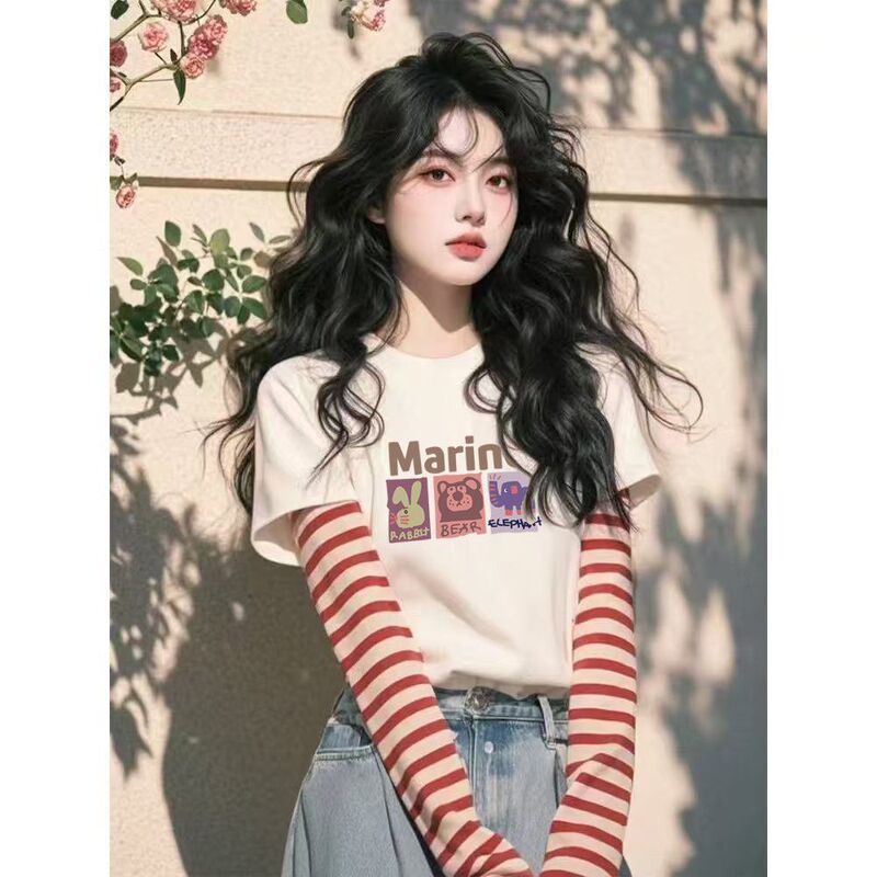 白色纯棉假两件条纹长袖T恤女2025秋季新款设计感宽松短款上衣|undefined