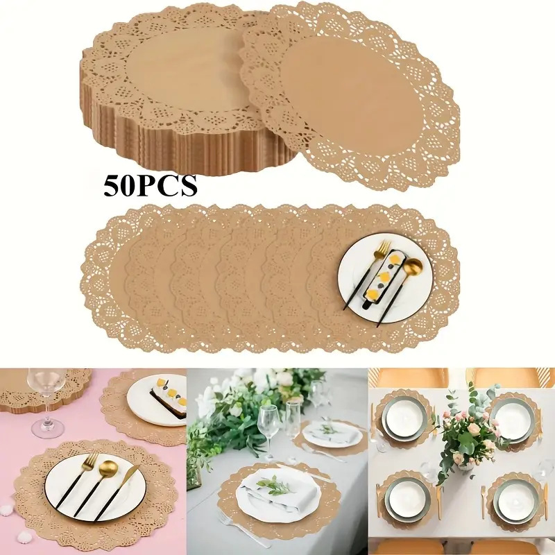 Cross-Border Brown Cow Paper Table Mat with Wavy Edge Lace Floral Pattern High Quality Machine Made Wedding Party Table Mat