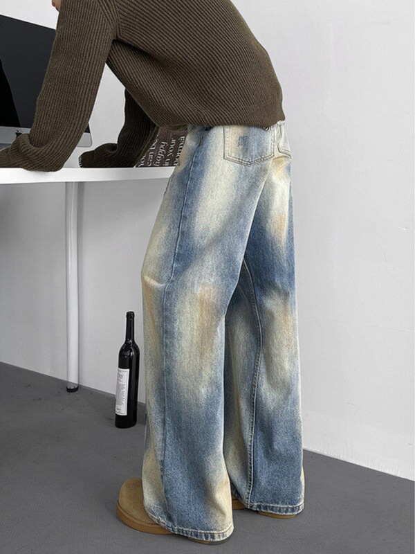 American-style High Street Vibe Washed Jeans Men's Retro Wear Dirty Dye Wide Leg Pants Loose Straight Micro Trousers