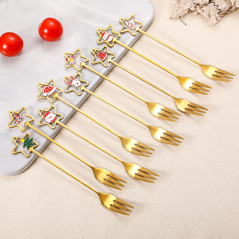 Stainless Steel Spoon Fork Cutlery Set Cute Christmas Pendant Dessert Spoon Coffee Stirring Spoon Hand Gift Set