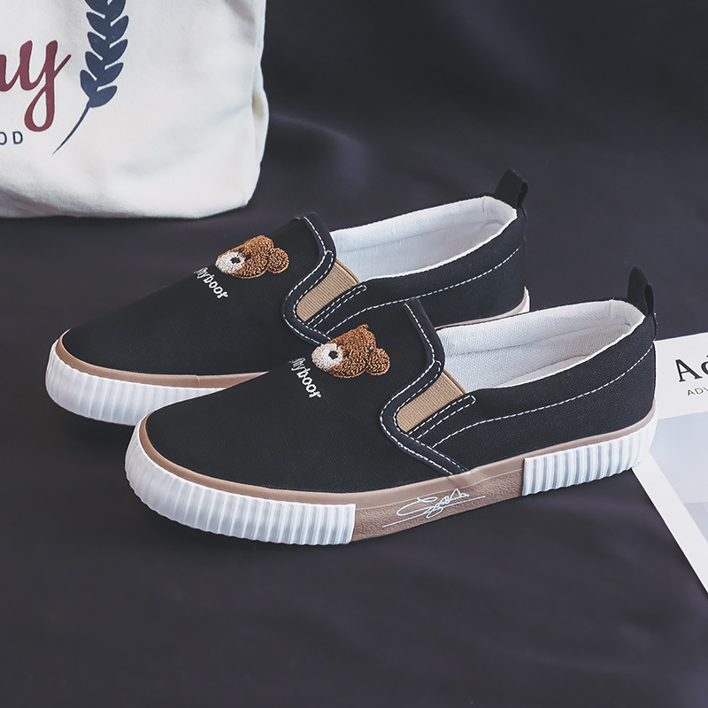 Práctica de trabajo de la parte baja de la banda elástica slip-on zapatos de mujer todos los partidos transpirable slip-on oso negro zapatos de lona