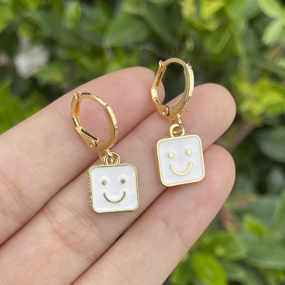 New Creative Drop Oil Square Earrings Personality Small Cartoon Square Smiley Face Earrings display picture 5