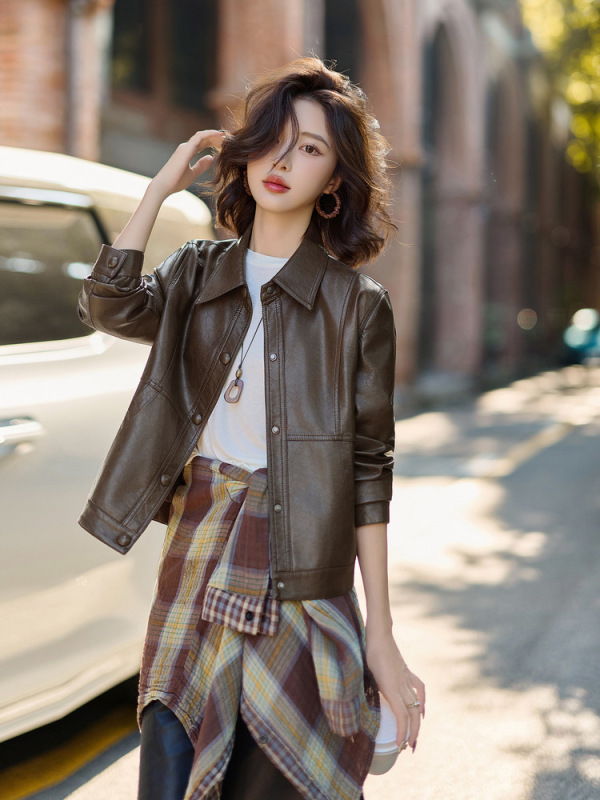 通勤风小皮衣外套女2025秋季新款小个子气质复古休闲翻领PU皮夹克|undefined