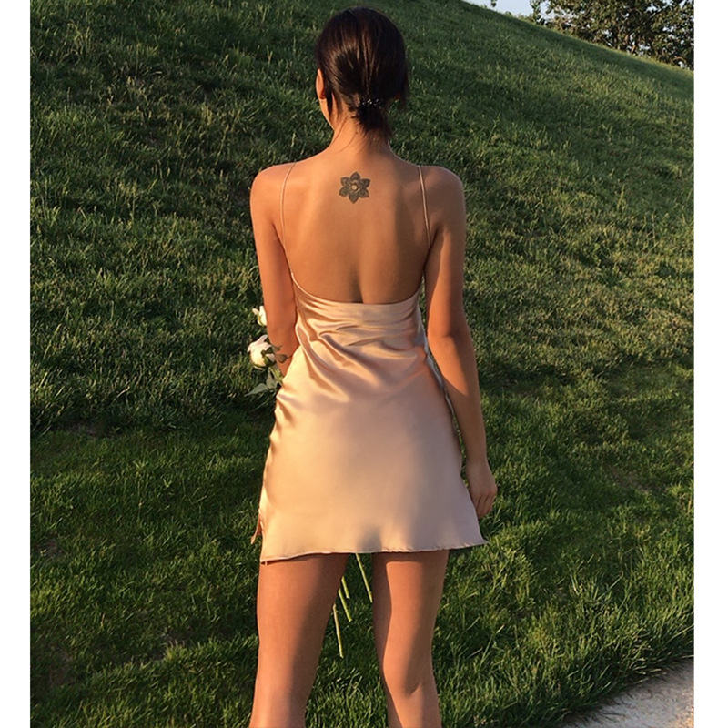 solid color straps backless slit slip short dress NSJS119145