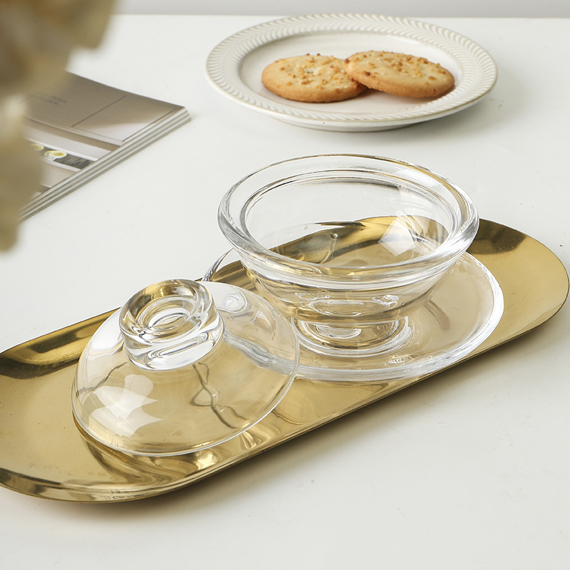Japanese-Style Creative Three-Piece Set of Glass Bowls with Lids, Transparent Bird's Nest Bowls with Gold-Rimmed Glass Bird's Nest Cups Set