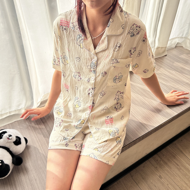 夏の少女雲綿パジャマ女性半袖半ズボン甘い少女粉縞家庭セットパジャマ女性|undefined