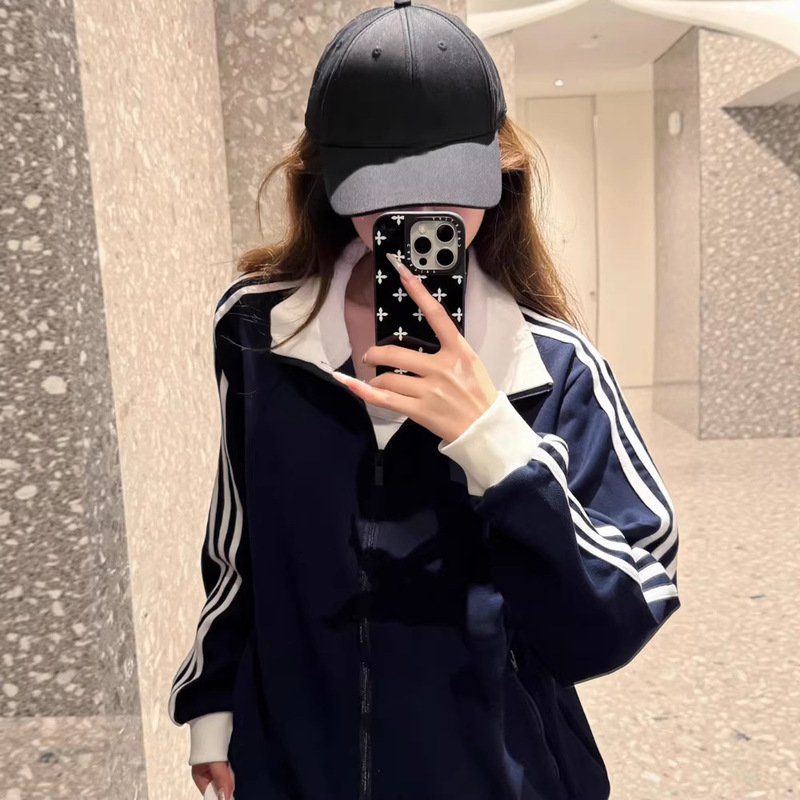 Three-Stripe Stand-Collar Sweatshirt Jacket for Women, 2026 Early Spring New Cardigan Top, College Style Casual Korean Fashion