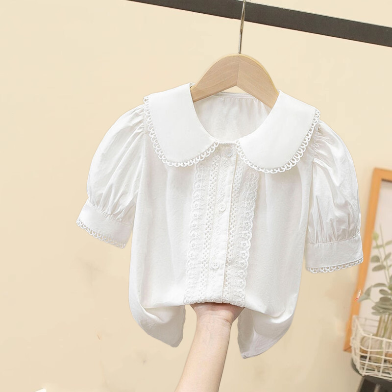 Girls' Pure Cotton White Short-Sleeved Lace Shirt Summer Children's Student Doll Collar Top Preppy Style Puff Sleeves
