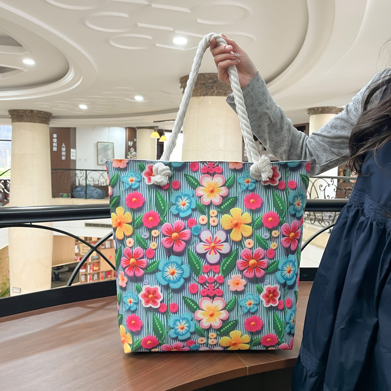 源创新款时尚单肩包碎花撞色托特包大容量沙滩包休闲拎包帆布女包