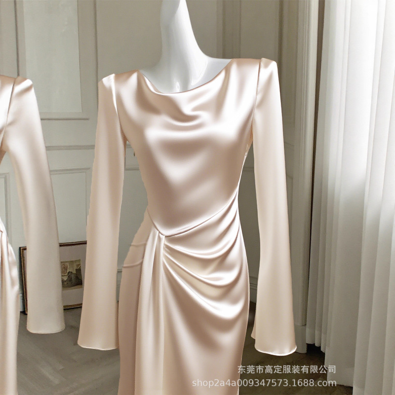 High-End Imported Acetate French Swing Collar Long-Sleeved Satin Dress with Asymmetric Pleated High-End Skirt