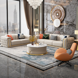 Cross-Border Light Luxury Sofa, Simple Modern Leather Sofa, Italian Minimalist Villa Living Room, Pull-Button Leather Sofa Combination