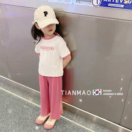 2025夏季时髦新款女童套装阔腿裤中小童童装套装简约短袖两件套潮