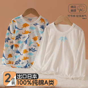 Japanese-Style 2-Piece Cartoon Dinosaur Children's Long-Sleeve T-Shirt, Round Neck, Pure Cotton, Class A, Thin, Boys' Top, Sweat-Absorbent and Breathable
