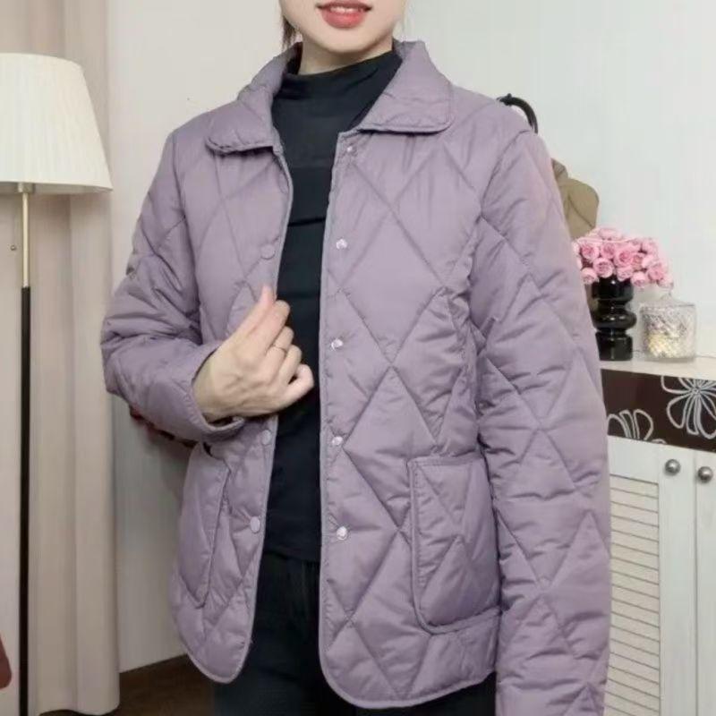 女士翻领棉服短款2025菱形格薄款夹棉秋冬外套棉衣其|undefined