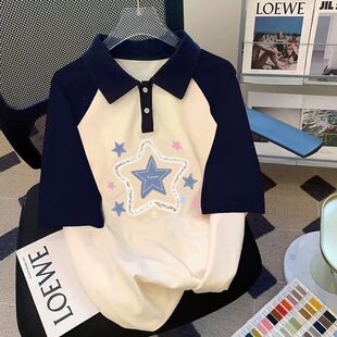 ����ɫƴ��ײɫPolo������T��Ů2025�ļ��¿�ɲ�緭�I���·�