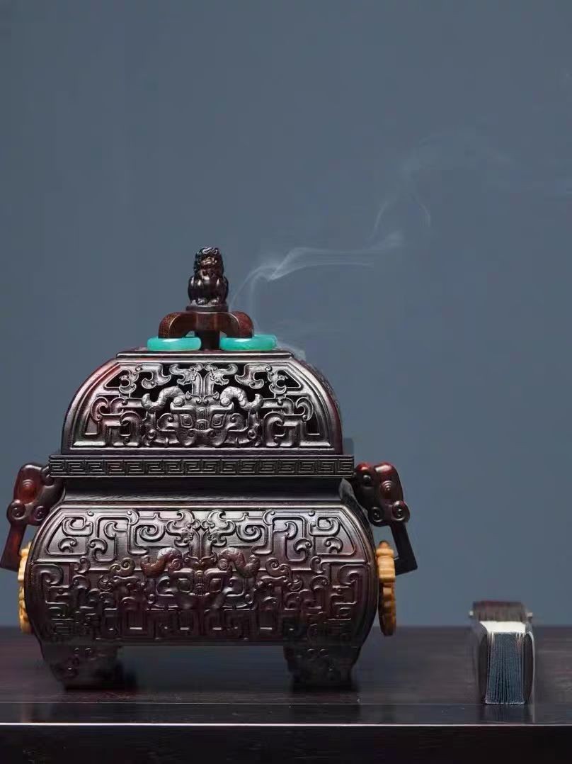 老挝大红酸枝熏香炉盘香炉中式复古木质香器客厅书房摆件点香炉