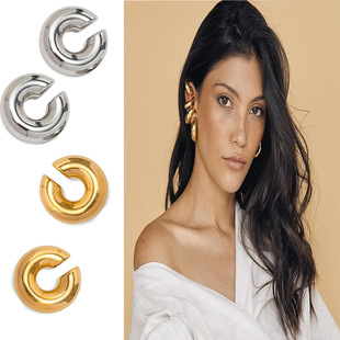 Cross-border internet celebrity style 18K real gold stainless steel thick cylindrical round tube large C hollow ear ring ear clip non-fading jewelry