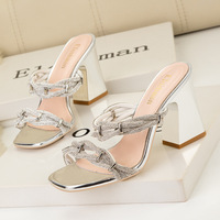 318-10 style, fashion, light luxury, one line belt, women's sandals, square head, thick heels, sexy Rhinestone, open toe high-heeled slippers