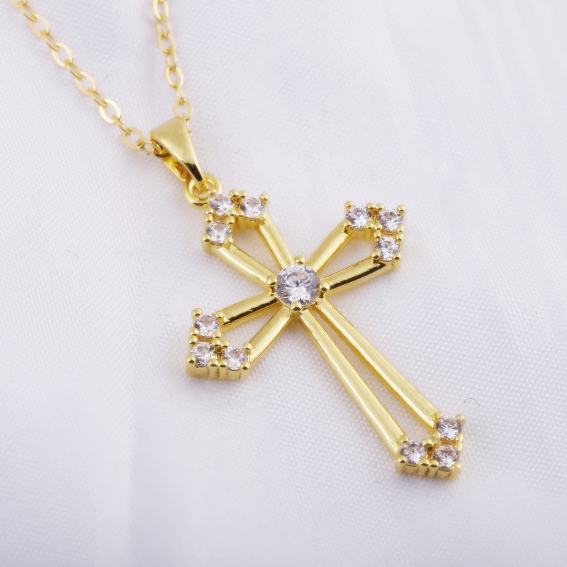 Women's Crown Cross Hollow Design Colorful Zircon Clavicle Chain Necklace Light Luxury Gold Plated Copper Jewelry detail image 8