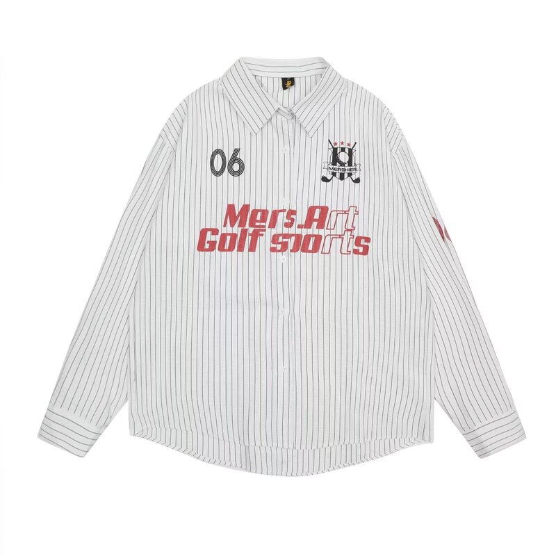 American Retro Jacket for Men and Women, Spring and Autumn Loose Casual White Striped Baseball Jacket Couple's Turn-Down Collar Shirt