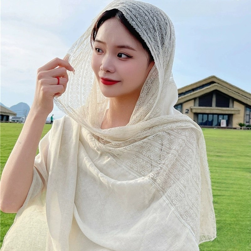 亚麻色拼接蕾丝棉麻围巾女韩系氛围感披肩春秋文艺薄款丝巾围脖|undefined