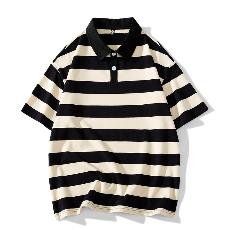 Men's Summer Striped Polo T-Shirt Heavyweight Soft Skin-Friendly Short Sleeve Hong Kong Style Trendy Brand Suitable For Students And Commuters_viptrois.com