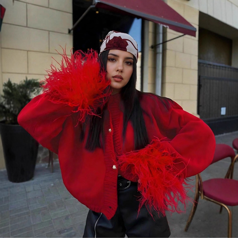 Cross-Border European and American Export Fashion Front Furry Cuffs Holiday Valentine's Day Christmas Metal Button Round Neck Cardigan