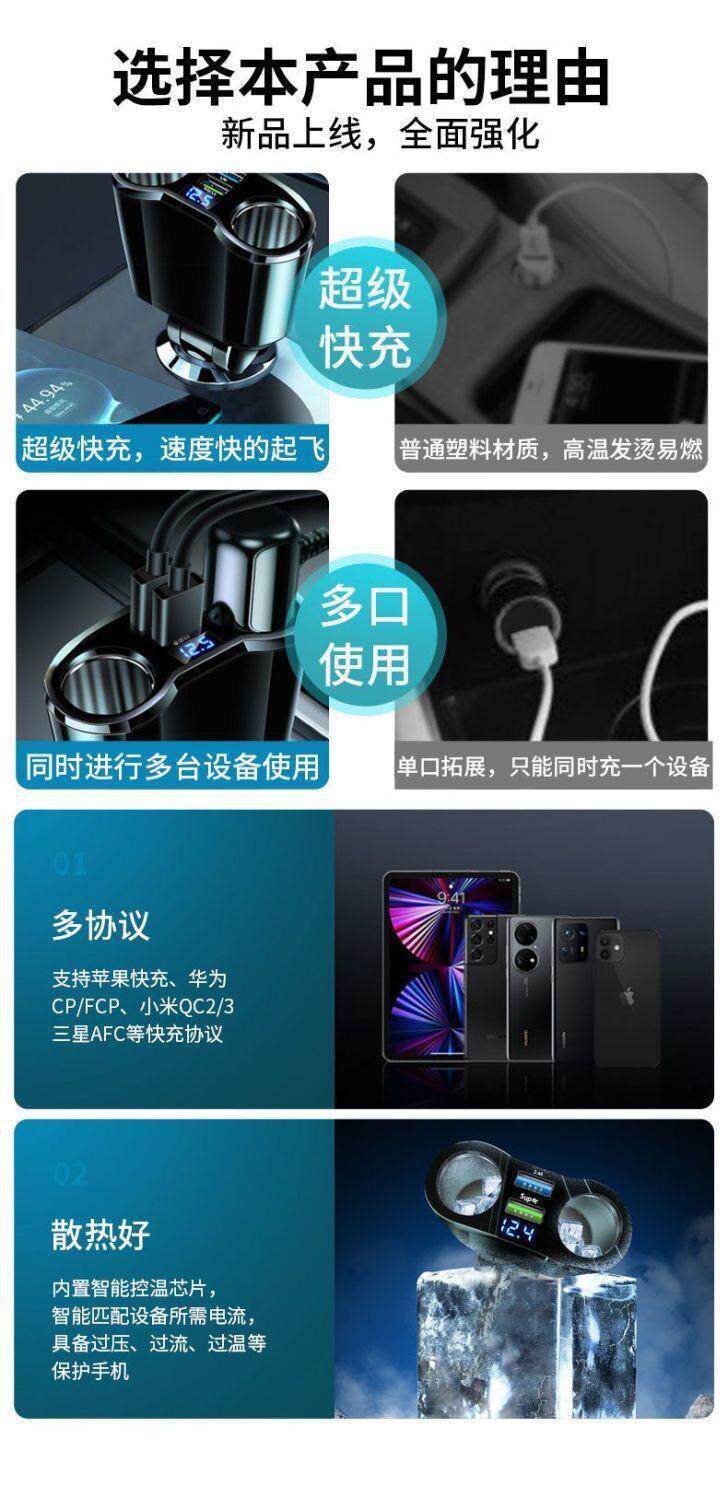 360W Car Charger Super Fast Charging Car Cigarette Lighter Splitter Multi-Purpose Converter High-Power Charging Head