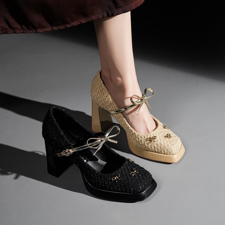 French-Style Stunningly Beautiful Woven Nylon Ultra-High Heel Waterproof Platform Chunky Heel Metal Bow Square-Toe Single Shoes in Black with Split Toe