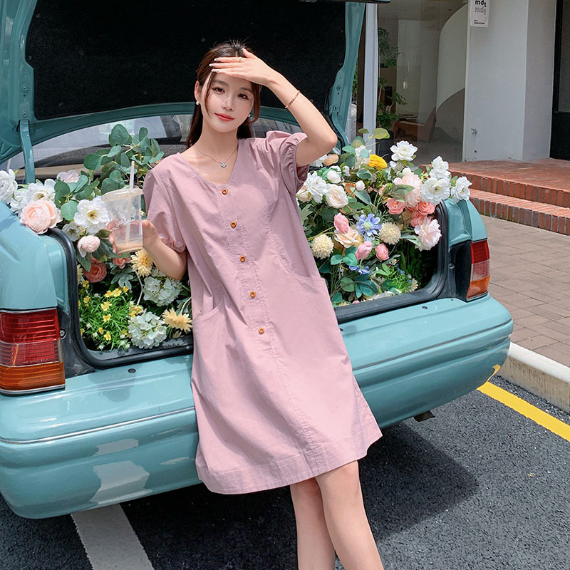 实拍现货XWP控夏装新款气质百搭V领纯色连衣裙