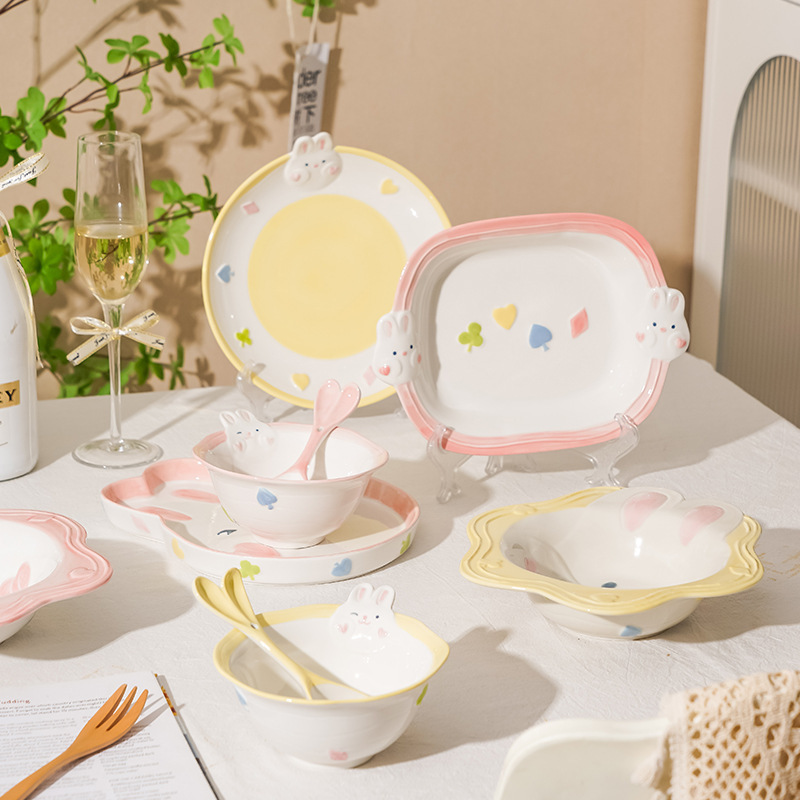 Small Cartoon Cute Tableware Household Ceramic Rice Bowl Soup Bowl Disc Vegetable Plate High Beauty Value Dinner Plate Fish Plate