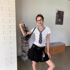 辣妹学院美式学院风甜辣领结短袖polo领T恤衫女夏季V领修身短上衣