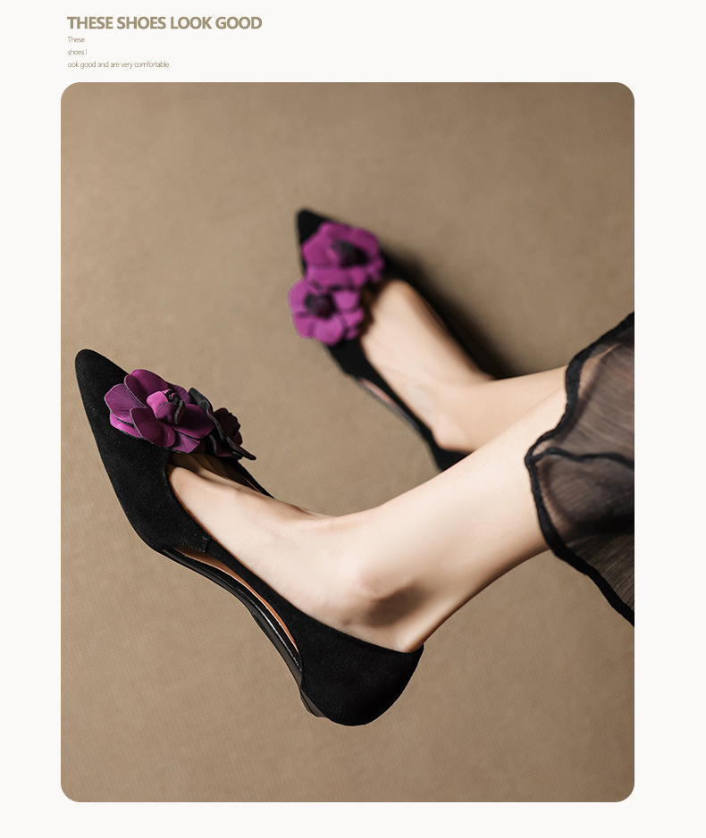 Sandal nữ mũi nhọn đế bệt quai mảnh hở bên hông hoa tím — đen chi tiết 13