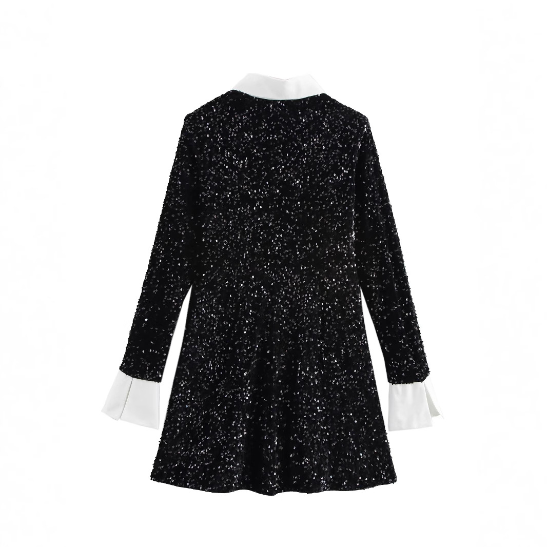 Sequin Cinched Patchwork Contrast Color Button Long Sleeve Mid-length Dress
