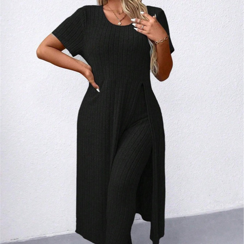 2025 Spring & Fall Bestselling New Arrival European & American Cross-Border Fashion Casual Short-Sleeve Slit Long Dress and Pants Set
