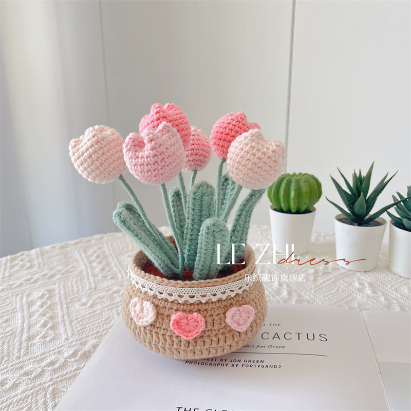 Paquete de material de ramo de lana de bricolaje tejido a mano, tulipanes, margaritas, flores de ganchillo en maceta, adornos caseros