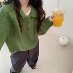 韩系翻领纽扣法式复古套头毛衣女秋冬季短款小个子百搭内搭针织衫