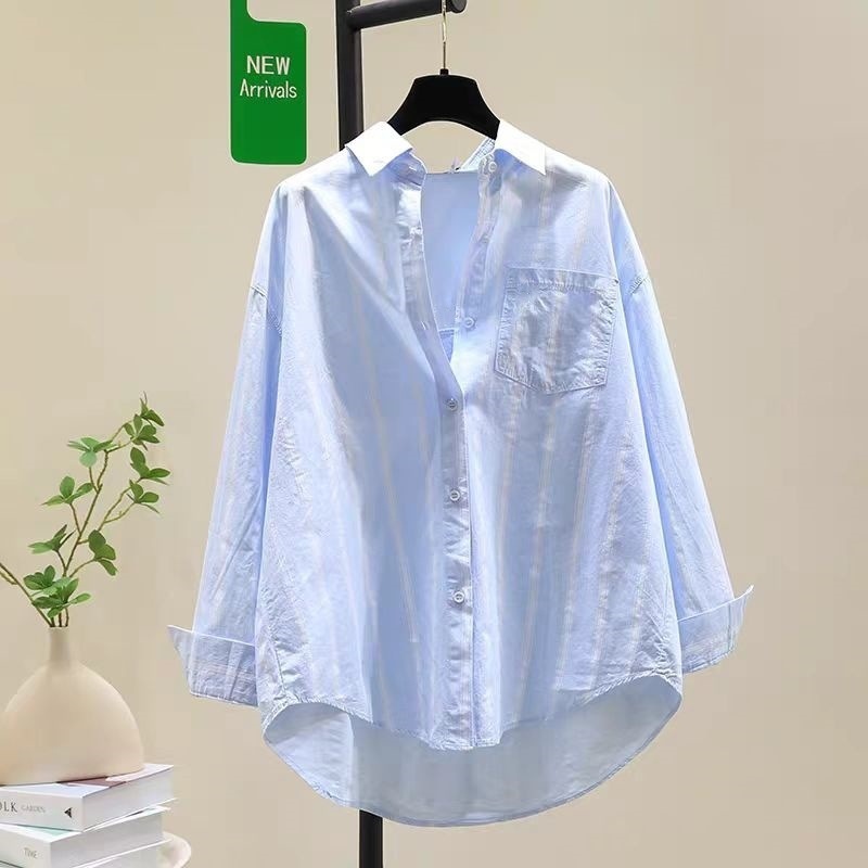 綿ストライプスプライシングシャツ女性のための春と夏の新しい日焼け止めミッドレングスの小さなジャケット長袖カーディガンシャツ女性のための|undefined