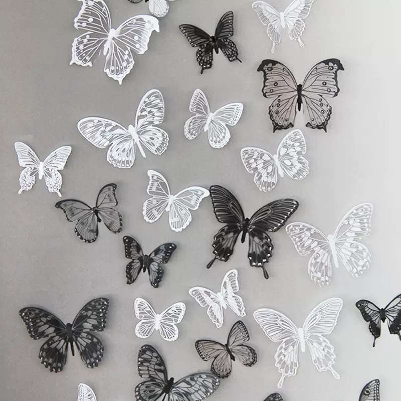 24只黑白元素PVC仿真蝴蝶鲜花花束装饰DIY手账素材3D立体蝴蝶