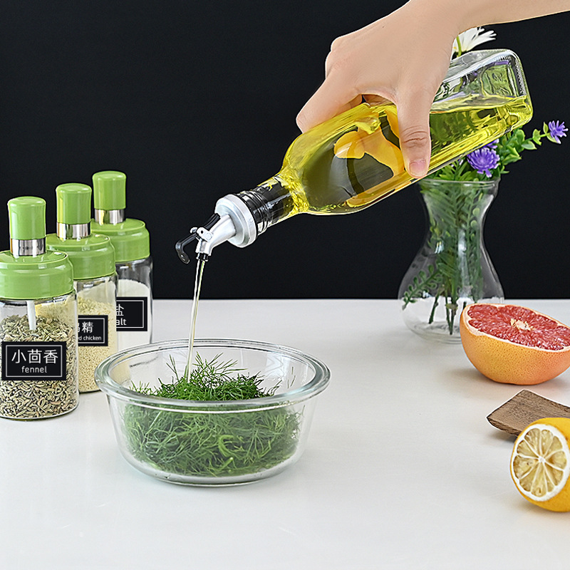 Olla de aceite de vidrio de apertura y cierre automático personalizada, juego de combinación de tanque de condimento, tanque de sal, olla de aceite puntual, botella de condimento, juego de cinco piezas