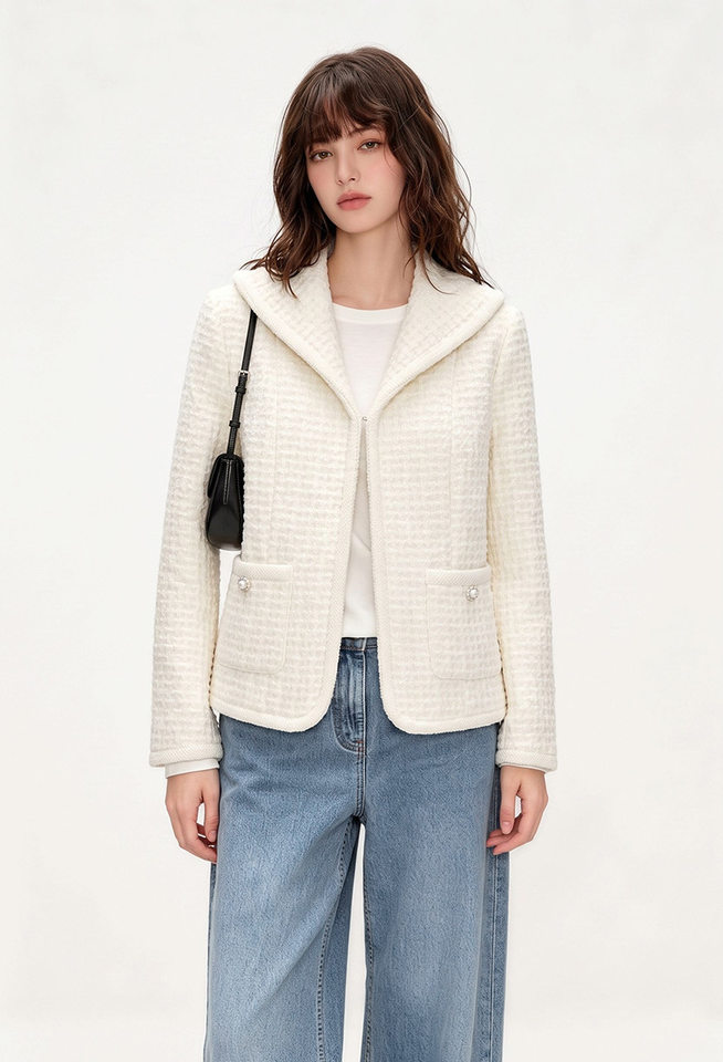 Áo khoác ngắn nữ dáng vest chất liệu len cừu phối vải tweed thanh lịch — Vanilla trắng chi tiết 1