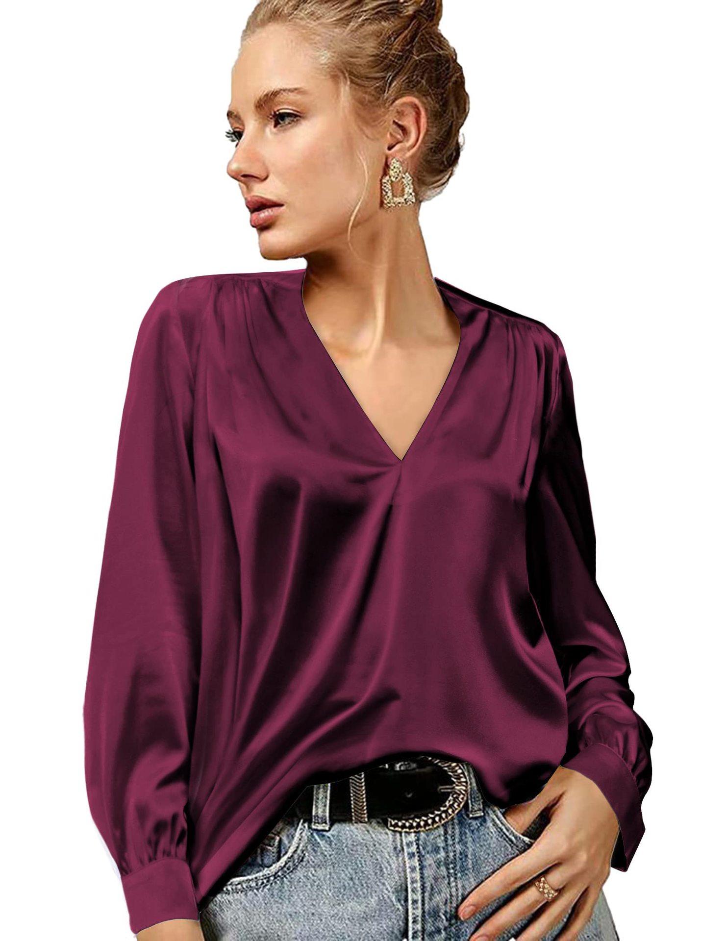 Women's Blouse Long Sleeve Regular Sleeve Blouses V Neck Pleated Casual Elegant Solid Color Loose display picture 4