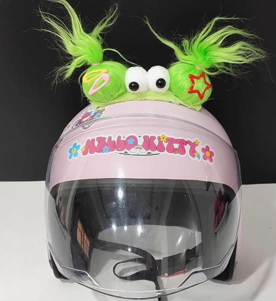 Quirky Sky-High Braid Helmet Accessories, Three Doll Motorcycle and Electric Scooter Riding Helmet Decorations with Ears and Double Ponytails