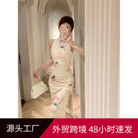 新中式国风改良旗袍连衣裙女夏季网纱裙子性感紧身开叉包臀中长裙
