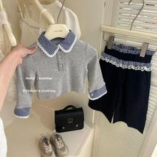 女童套装春秋款格纹假两件设计感撞色花边长袖长裤T恤春季两件套